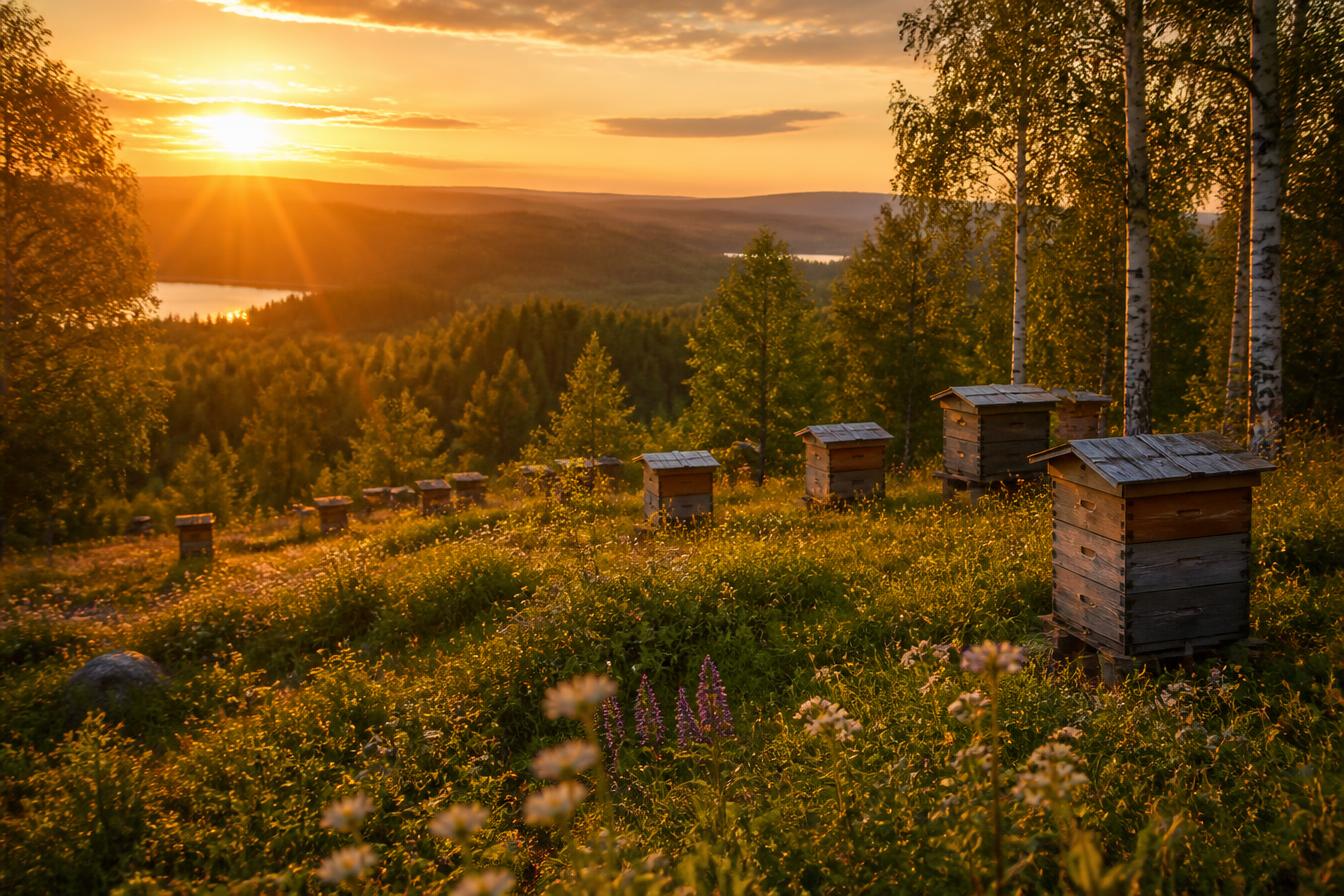 Beehives in a sunlit northern Russian landscape at golden hour